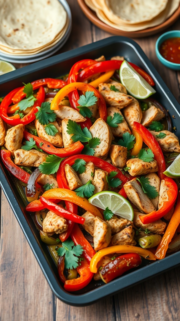 Sheet pan with roasted chicken fajitas, colorful peppers, and onions, served with tortillas and salsa.